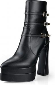 Женские модные ботильоны sarawill на высоком массивном каблуке с двойной платформой, из лакированной кожи, с заостренным носком, ремешком с пряжкой и боковой молнией для женщин, Black Matte