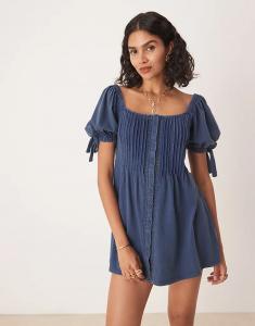 Мини-платье ASOS DESIGN с квадратным вырезом и защипами цвета стираный индиго