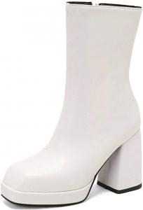 Женские ботильоны на платформе средней высоты с квадратным носком, массивным высоким каблуком, боковой молнией, модные короткие эластичные ботинки JMdfcqer, White