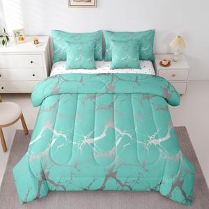 Erosebridal Комплект постельного белья Silver Marble с реверсивным стеганым одеялом и мраморной текстурой, Silver Turquoise