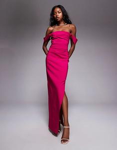 Платье макси Vesper bengaline с открытыми плечами, присборенной талией и разрезами по бокам цвета фуксии