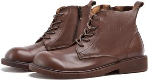 WONDERWAY Женские ботинки из натуральной кожи с боевым стилем, круглым носком, шнуровкой, плоской подошвой, зимние удобные короткие ботинки на щиколотку с боковой молнией, Brown