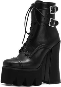 JMdfcqer Женские черные готические ботильоны на платформе с пряжкой, массивным каблуком, круглым носком, молнией, панк-стиле, боевые ботинки