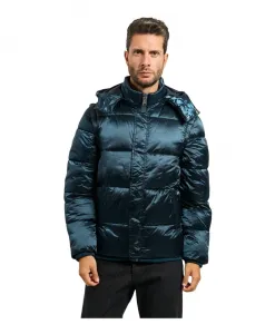 Пуховая куртка синего металлического цвета с капюшоном. Guess, синий