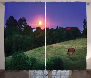 Шторы ABAKUHAUS Animal Rustic Curtain, Kentucky Farmland, универсальные ленточные шторы для гостиной с петлями и крючками, 280 x 225 см, цвет "Персидский синий вечнозеленый" Abakuhaus