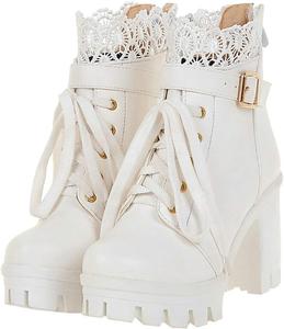 Женские ботильоны Parisuit с массивной платформой, высокие каблуки, шнуровка, с милой кружевной задней молнией, White 1