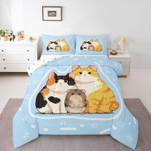 Erosebridal Комплект постельного белья Cute Cat Family с мультяшными котятами, масляная живопись, декоративный, Yellow Blue