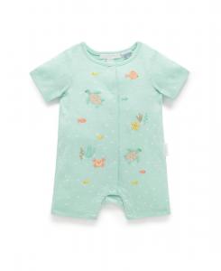Детский зеленый короткий комбинезон Purebaby, Seafoam bubbles print