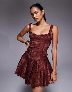 Мини-платье Murci из атласного жаккарда с корсетом, квадратным вырезом и складками шоколадного цвета