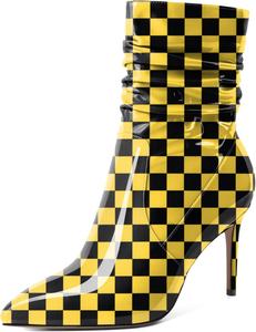 Женские скошенные ботильоны Mettesally с высоким каблуком, заостренным носком, модные стильные с боковой молнией, каблук 3,5 дюйма, ботинки средней высоты, Patent Checkered Yellow