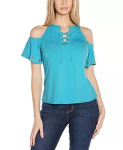 Женский вязаный топ с открытыми плечами и отделкой с люверсами Belldini, синий