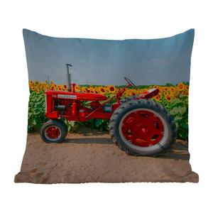 Уличная подушка MuchoWow - Трактор - Красный - Подсолнух - Ферма - Цветы - 50x50 см - Устойчивость к атмосферным воздействиям - Подушка для отдыха - Чехол на подушку - Хлопчатобумажная ткань - Декоративные наволочки, мультиколор
