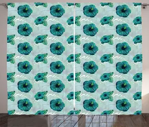 Штора ABAKUHAUS в стиле Тропический деревенский, Гавайские джунгли, гибискус, присборенная штора из тесьмы для спальни с петлями и крючками, 280 x 225 см, цвет: темно-морская пена, морской зеленый, цвет клевера, темно-синий, петролеум Abakuhaus