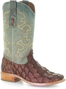 Мужские коричневые ковбойские сапоги Corral с ручной работой из кожи пиараруку, Вестерн сапоги с квадратным носком и бирюзовой вышивкой Corral Boots