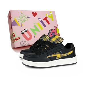 Женские противоскользящие износостойкие легкие дышащие увеличивающие рост низкие кроссовки для скейтбординга black red UNIITY, черный/желтый