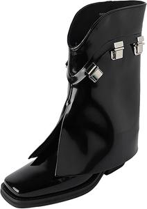 Женские высокие сапоги на широкую икру с квадратным каблуком, толстым каблуком и голенью для женщин, низкие осенние ботинки, большой размер, зимняя обувь для езды, удобные кожаные классические эластичные расслабленные мягкие HEIDOUHEI, Noir(Velvet)