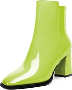 Женские стильные ботильоны AUMOTED с массивным каблуком, закрытым квадратным носком и боковой молнией, короткие ботинки, каблук 3,4 дюйма, Patent Light Green