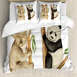 Пододеяльник ABAKUHAUS Панда, акварельный рисунок Коала-Панда, защита от клещей, подходит для аллергиков с наволочками, 200 см x 200 см - 80 x 80 см, бежевый/черный