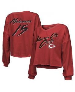 Женские нитки Патрик Махоумс Красный Канзас-Сити Чифс Имя и номер Укороченная футболка с открытыми плечами и надписью с длинными рукавами и v-образным вырезом Majestic, красный
