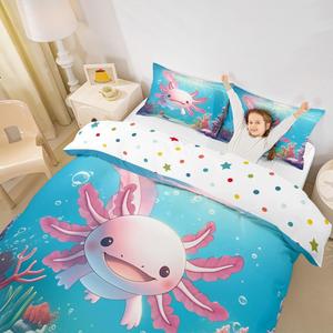 Erosebridal Комплект постельного белья Cute Axolotl с мультяшным аксолотлем в розовой морской тематике, Blue Pink