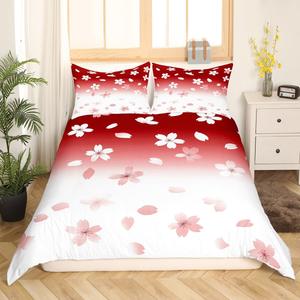 Erosebridal Комплект постельного белья в японском стиле Sakura с романтичным принтом сакуры и омбре зеленого и белого цветов, Red