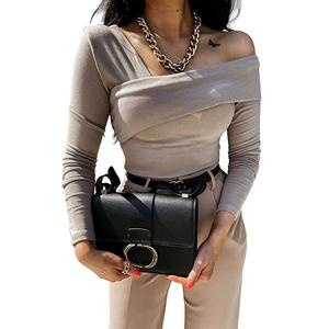 Женский топ с одним плечом и перекрестными бретелями - рифленая вязка, длинный рукав, плиссировка, облегающий крой, повседневная облегающая блузка Clearflower, Khaki