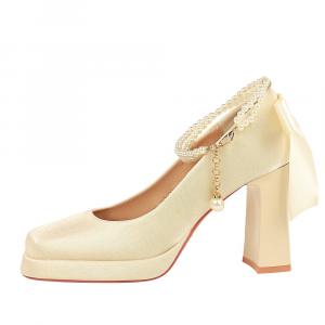 QITUMAUL Женские туфли на платформе с массивным каблуком шампань, цвет Champagne[Heel Height 9cm]