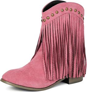 Ковбойские сапоги DINTAHA с кисточками, женские ковбойские сапоги из искусственной замши, низкий каблук, сапоги в западном стиле на пуговицах, Hot Pink