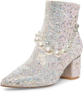 Женские кристальные ботильоны FSJ, заостренный носок, низкий массивный каблук, короткие ботинки с боковой молнией, удобные, блестящие, праздничные туфли, размер 4-15 US, Crystal Pearl