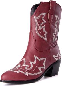 Женские ковбойские сапоги Alsoloveu, западные ботильоны с вышивкой, ковбойские сапоги средней высоты, с острым носком, на среднем каблуке, Wine Red