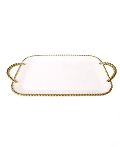 Фарфоровый поднос с золотыми бусинами по краям и ручками Classic Touch, white