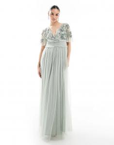 Платье макси для подружек невесты с цветочным узором, присборенной талией и короткими рукавами в цвете зеленого шалфея Maya