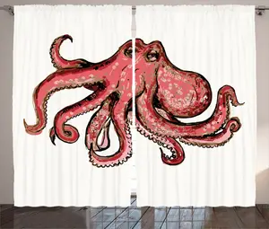 Штора ABAKUHAUS "Кальмар в деревенском стиле", с розовым акварельным рисунком животных, присборенная тесьма для спальни с петлями и крючками, 280 x 245 см, цвет: красно-розовый Abakuhaus