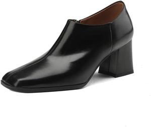 Женские ботильоны TinaCus ручной работы из натуральной кожи с квадратным носком, средним устойчивым каблуком и боковой молнией, Black