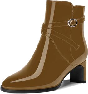 Женские лакированные уличные ботильоны с круглым носком, пряжкой, модные с массивным невысоким каблуком 2 дюйма DEMOSHINE, Brown
