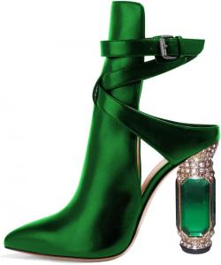 Женские ботильоны FSJ классические с заостренным носком, кристаллическим блочным каблуком, массивные туфли на высоком каблуке с эластичной лентой на щиколотке и задником на ремешке, праздничная обувь, размер 4-15 US, Green Crystal