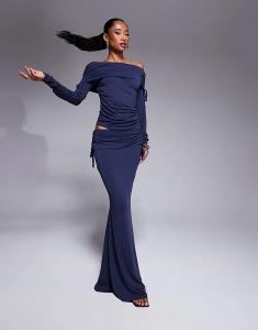 Юбка макси с мягкой ручкой, отворотом на талии, юбка-рыбий хвост со сборками по бокам в чернильном цвете ASOS DESIGN