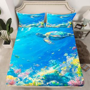 Erosebridal Комплект постельного белья Kawaii Animal с морскими черепахами и рыбами в мультяшном акварельном стиле, Deepskyblue