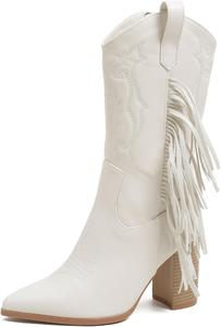 Ботинки Crepuscute Women's Tassel Chunky Heel Cowboy Boots Knee Length Pointed Toe Side Zipper Super High Heel Boots Fashion Western Boots, White