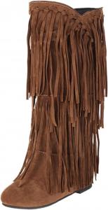 Женские замшевые плюшевые сапоги с бахромой до середины икры, модные с круглым носком, на низком каблуке, стильные ретро, ковбойские/ковбойские сапоги Generic, Yellow