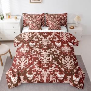 Erosebridal Комплект постельного белья Damask Gothic в готическом стиле с сахарными черепами и викторианским цветочным принтом коричневого цвета, Skull Brown