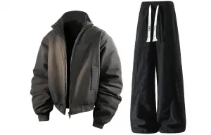 Повседневный спортивный костюм Unisex с воротником стойкой утепленный X1617, серый puffer jacket+черный pants