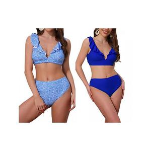 2 комплекта женского бикини с рюшами и широкими бретелями, топ на завязках и треугольные трусики Inspire Chic, Royal Blue Leopardblue
