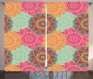 Винтажная штора ABAKUHAUS в деревенском стиле, античная этническая мандала, универсальные ленточные шторы для гостиной с петлями и крючками, 280 x 225 см, фуксия оранжевая