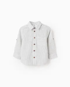 Детская рубашка для мальчика из хлопка и льна в полоску Zippy, белый/черный