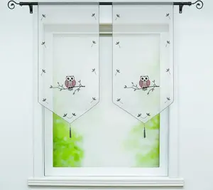 Штора Cafe с вышитой совой, кухонная, вуаль, треугольная, короткая, с карманом на штанге, ШxВ 60x120 см, серая, 1 шт. Joyswahl