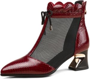 Женские ботильоны TinaCus из тисненой натуральной кожи с острым носком, ручной работы, на массивном каблуке, с молнией и сетчатыми вставками, Burgundy