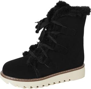 Женские зимние теплые меховые ботинки для снега, с искусственной замшей, на шнуровке, плоской подошве, противоскользящие, с меховой подкладкой, уличные ботильоны Generic, Black