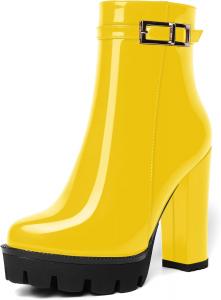 Женские ботильоны AMBELIGHT на платформе с круглым носком, однотонные, для вечеринки, с молнией, сексуальные, лакированные, массивный высокий каблук 12 см, Yellow