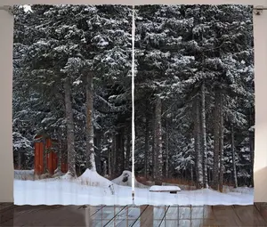 Штора для туалета ABAKUHAUS в деревенском стиле, Заснеженный лесной коттедж, универсальная ленточная штора для гостиной с петлями и крючками, 280 x 245 см, темно-зеленый с белым Abakuhaus